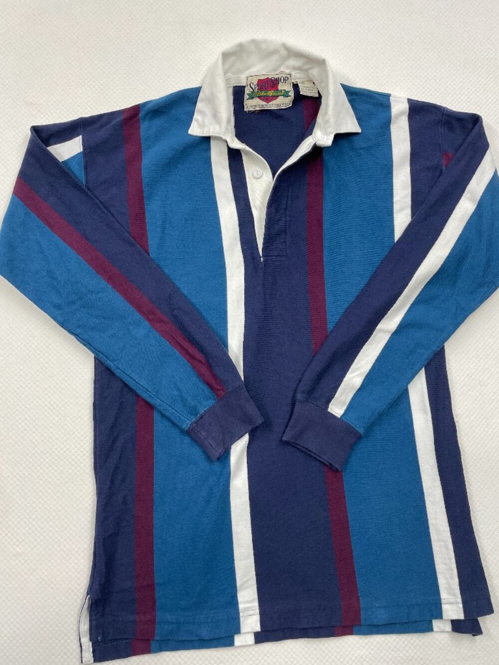 Eddie Bauer Sport Vintage 90s Blue Striped Long Sleeve Rugby Polo Shirt Men's L